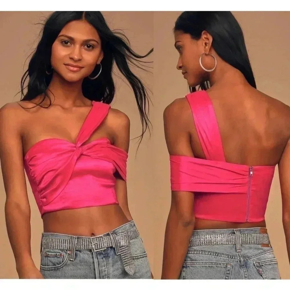 Lulu’s Party Queen Fuchsia Satin One-Shoulder Asymmetrical Crop Top - M - NWT